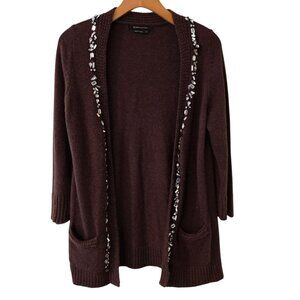 BCBG MaxAzria Cardigan Knit Sweater Size M Brown Long Embellished Boho Artsy